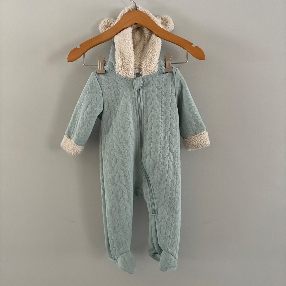 Tahari Baby Pram Jumpsuit 6-9M Quilted Cable Knit Sherpa Hood Bear Ears Cozy